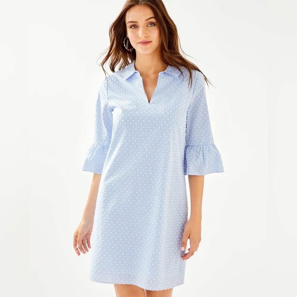 NWT 8 Ginger blue striped stripe pinstripe colored 3/4 dress medium shirtdress